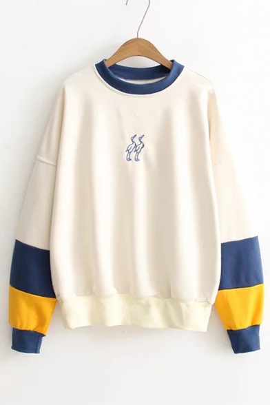 Popular Color Block Sleeve Round Neck Pullover Sweatshirt with Embroidery Detail