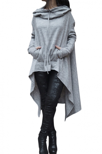 Stylish High Low Hem Solid Color Tunic Hoodie