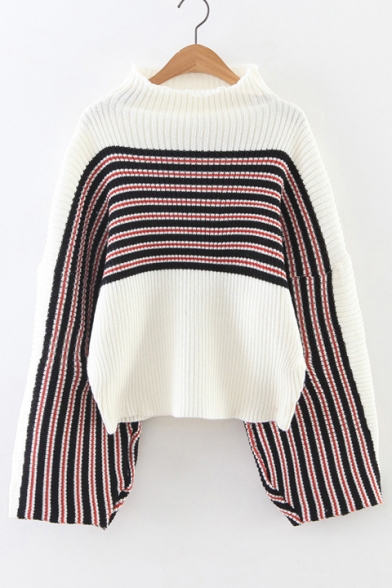 Stylish Stripe Color Block Wide Sleeve Round Neck Sweater