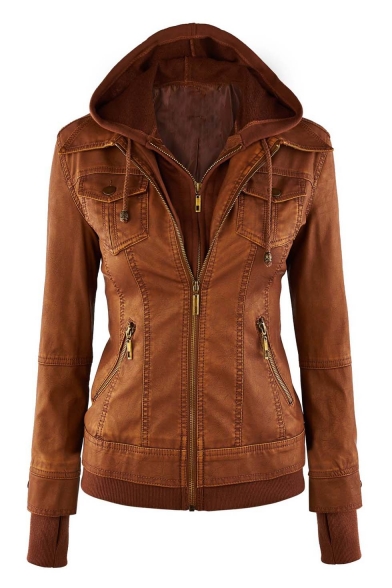 Womens Hooded Faux leather Jacket