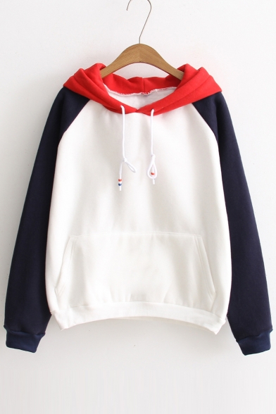 Chic Color Block Drawstring Hooded Sweatshirt with Front Pocket