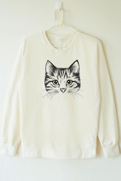 Cute Cat Print Long Sleeve Loose Pullover Casual Women's Sweatshirt ...