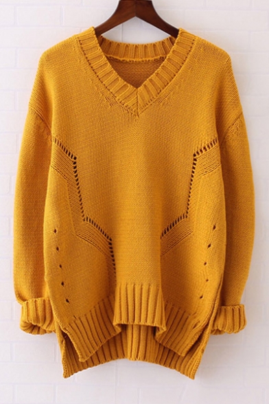 Fashion V-Neck Cutout Pattern High and Low Hem Long Sleeve Sweater