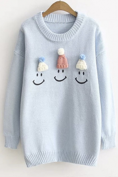 Hats Design Happy Face Print Long Sleeve Loose Pullover Students' Sweater
