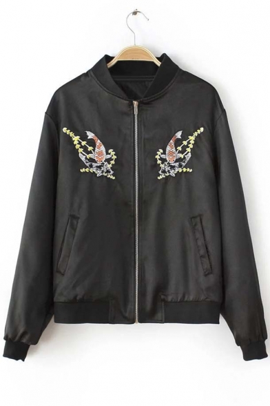 New Arrival Stand-Up Collar Embroidery Fishes Zipper Bomber Jacket