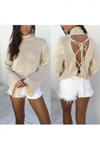 Sexy Lace-Up Open Back Turtleneck Bell Sleeve Knitted Top