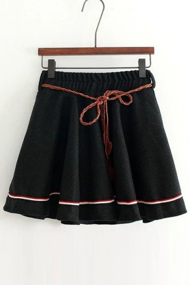 Retro Style Elastic Mid Waist Mini A-line Skirt with Belt