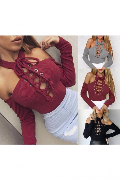 Sexy Lace-up Detail Cold Shoulder Long Sleeve Bodysuit with Zip Back