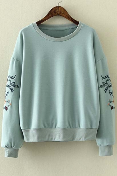 Stylish Embroidery Long Sleeve Round Neck Pullover Sweatshirt