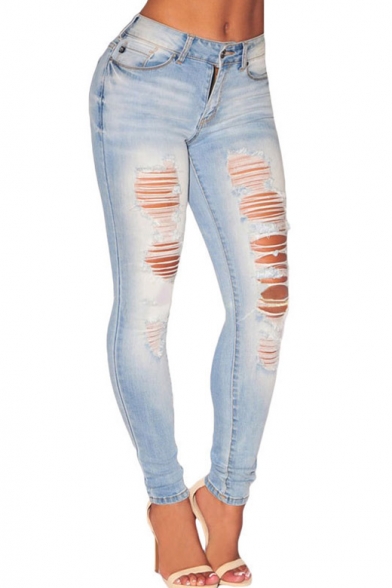 Women Casual Destroyed Ripped Distressed Skinny Denim Jeans