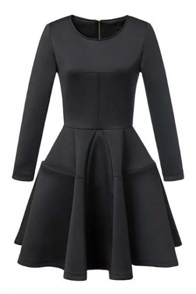 Fashion Black Long Sleeve Round Neck Zip Back A-line Midi Dress