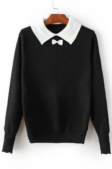 Fashion Bow Embellished Lapel Elastic Trim Long Sleeve Sweater