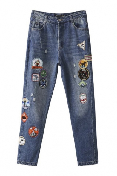 New Embroidery Patchwork Ripped Mid Waist Jeans
