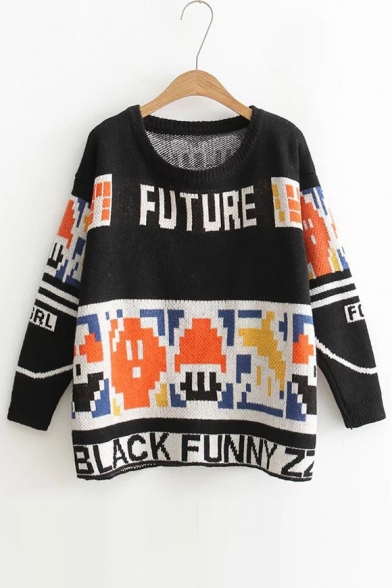 New Graffiti Letter Pattern Color Block Sweater with Round Neck Long Sleeve
