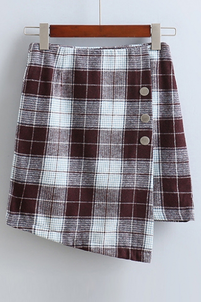 Plaid High Waist Zip Side Buttons Embellished Asymmetric Mini Skirt