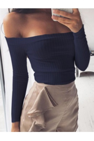 Sexy Plain Off the Shoulder Long Sleeve Cropped Blouse