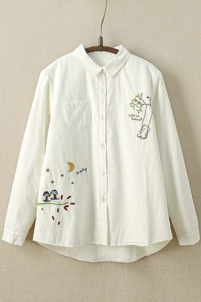 Thick Embroidery Animal Pattern Single Breasted Lapel High and Low Button Down Shirt with Wool Inside