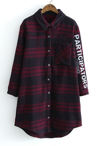 Tunic Plaid Letter Print in Long Sleeve Lapel Single Breasted Button Down Shirt