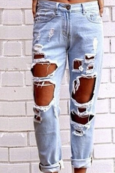 Women's Faded Ripped Casual Slim Denim Cotton Jeans