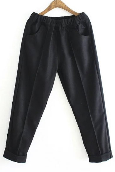Women's Fashion Solid Elastic Waist Pants with Pockets