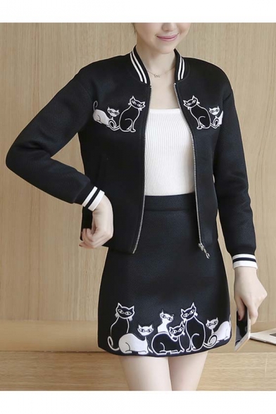 Women's Sweaty Cat Print Zipper Placket Bomber Jacket with Mini S-Line Skirt Co-ords