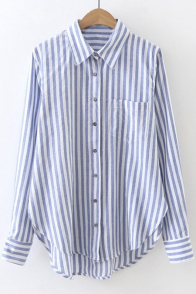 Fall New Arrival Vertical Striped Lapel Single Breasted High and Low Tunic Button Down Shirt