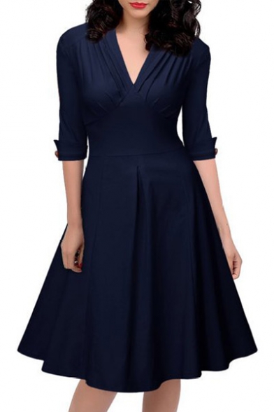 Elegant V-Neck Half Sleeve Oversize Chic A-Line Pleated Midi Dress