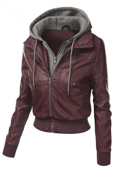 Fake Two-Piece Hooded Long Sleeve Zip Fly Leather Coat