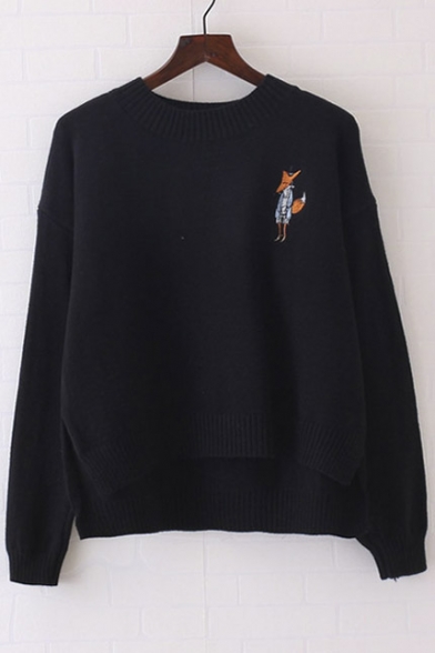 Fox Embroidery Retro Long Sleeve Dipped Hem Pullover Women's Sweater