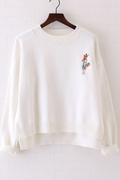 Fox Embroidery Retro Long Sleeve Dipped Hem Pullover Women's Sweater