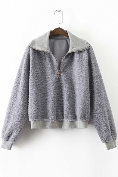 New Stylish Zip High Neck Long Sleeve Pullover Sweatshirt Covered Faux Fur