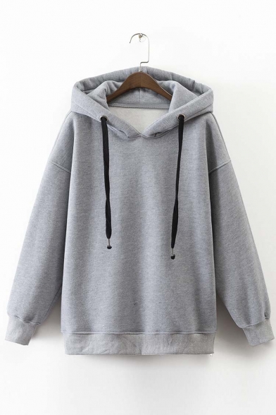 Plain Thick Hooded Dropped Long Sleeve Zip Side Hoodie