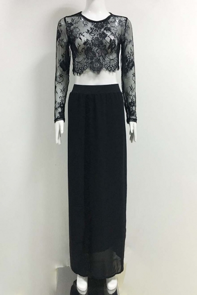 Sexy Sheer Lace Long Sleeve Top with Split Side Maxi Skirt