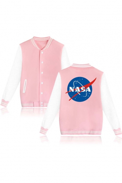 Trendy Single Breasted Contrast Long Sleeve Striped Color Block Trim NASA Print Back Baseball Jacket