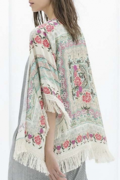 Women Girls Floral Print Loose Kimono Jacket Coat Cardigan Blouses