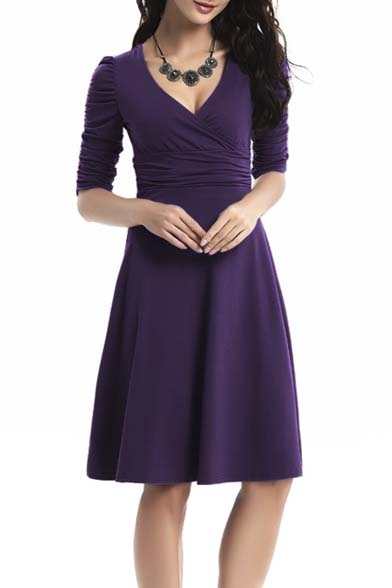 UNibelle Womens Long Sleeve Ruched Waist Classy V-Neck Casual Cocktail Dress