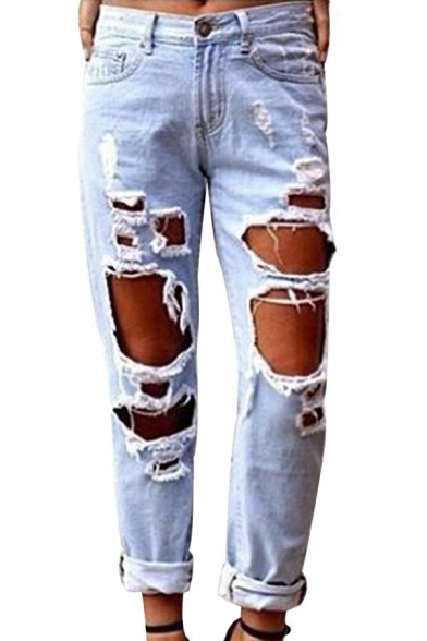 Women's Faded Ripped Casual Slim Denim Cotton Jeans