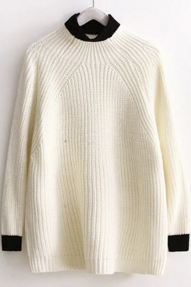 Contrast Trim High Neck Plain Tunic Sweater