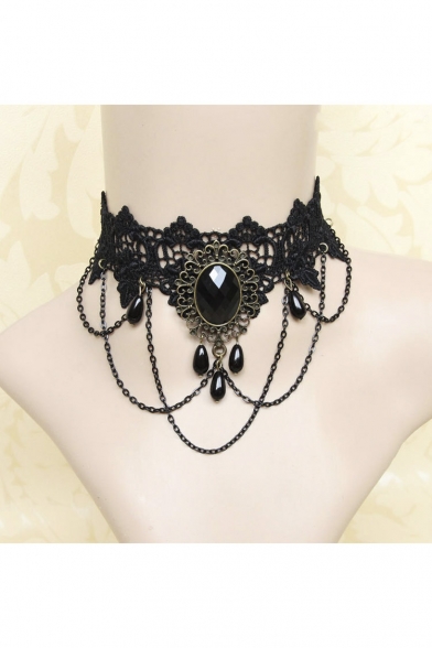 Fashion Lace Chain Black Crystal Cropped Necklace