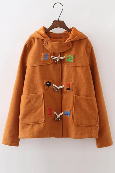 Fashion Number Embroidery Horns Button Hooded Woolen Coat