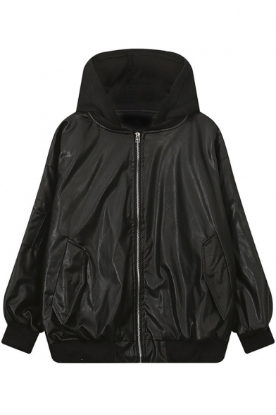 Fashion Oversize Motor Style Embroidery Back Hooded Students' Leather Jacket