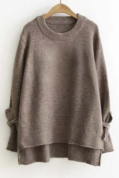 New High and Low Tied Cuffs Long Sleeve Tunic Sweater with Round Neck