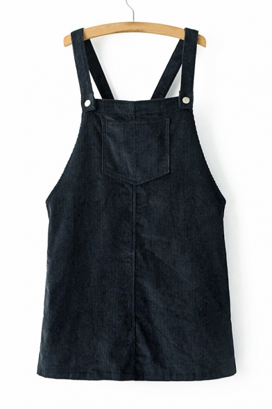 Plain Corduroy Overall Dress with Front Pocket