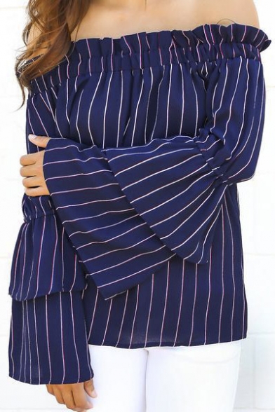 Women's Sexy Off the Shoulder Vertical Striped Blouse with Tiered Bell Sleeve