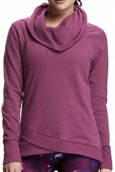 Cowl Neck Asymmetrical Hem Long Sleeve Plain Women's Sweatshirt