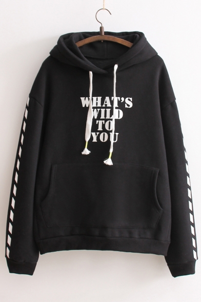 Fashion Letter Print Long Sleeve Drawstring Hoodie with Front Pocket