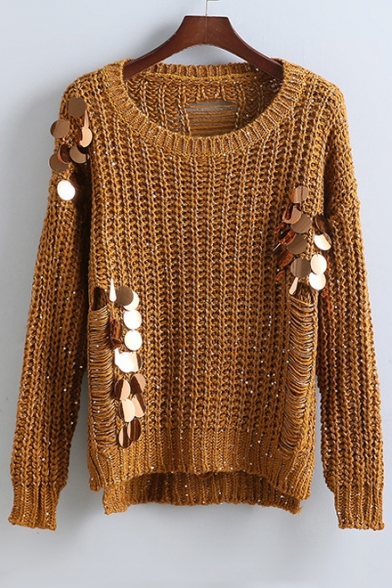 Fashion Sequined High and Low Trim Ladder-Back Knitted Sweater with Round Neck Long Sleeve
