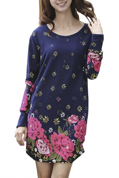 Floral Print Oversize Long Sleeve Basic T-Shirt Dress