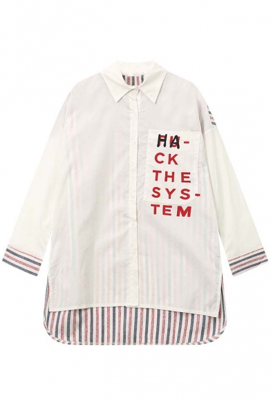 New High and Low Vertical Striped Contrast Cuffs and Back Letter Print Lapel Single Breasted Button Down Shirt