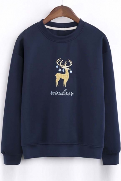 Popular Reindeer Embroidery Round Neck Long Sleeve Sweatshirt